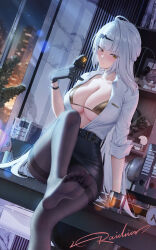 1girl absurdres artist_name belt bikini bikini_under_clothes bird bird_on_hand black_belt black_gloves black_pantyhose blush book breasts building cabinet city_lights cleavage collarbone collared_shirt commentary_request cup drinking_glass feet gloves gold_bikini hair_ornament highres indoors large_breasts leg_up light_particles long_hair long_sleeves looking_at_viewer miniskirt pantyhose pencil_skirt raidriar_18 shirt shirt_tucked_in signature sitting sitting_on_table skirt skyscraper soles solo swimsuit table toes very_long_hair white_hair white_shirt window yellow_eyes yi_xuan_(zenless_zone_zero) zenless_zone_zero