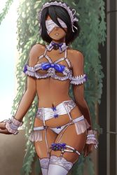 1girl 2b_(nier:automata) 2p_(nier:automata) alternate_color arm_garter arms_at_sides bare_shoulders black_hair blindfold blue_ribbon bow bow_panties bra breasts collar collarbone commentary covered_eyes cowboy_shot dark-skinned_female dark_skin day detached_collar door english_commentary facing_viewer female_focus finalcake frilled_collar frills garter_belt hair_between_eyes hair_ornament hair_ribbon hairband heart-shaped_lock ivy key lace lace_bra lace_legwear legs_together lingerie lolita_hairband mole mole_under_mouth navel neck_ribbon nier:automata nier_(series) nose outdoors overgrown panties parted_lips pink_lips plant red_bow ribbon short_hair skindentation small_breasts solo soul_calibur soulcalibur soulcalibur_vi standing stomach string_panties thighhighs thighs underwear underwear_only very_dark_skin white_blindfold white_hairband white_panties white_ribbon white_thighhighs wrist_cuffs