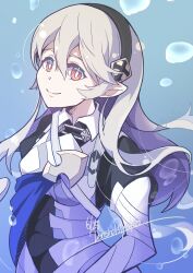 1girl armor black_hairband breasts bubble closed_mouth female_corrin_(fire_emblem) fire_emblem fire_emblem_fates grey_hair hair_between_eyes hair_ornament hairband highres long_hair nintendo pointy_ears red_eyes ryoto_soukyuu smile solo upper_body water white_hair