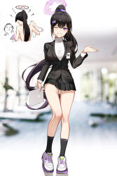 1boy 2girls ? absurdres alternate_costume black_coat black_hair black_halo black_skirt black_socks blue_archive blurry blurry_background coat commentary_request cosplay dong_(art_woodong) doodle_sensei_(blue_archive) flying_sweatdrops full_body halo hand_up highres id_card long_sleeves millennium_science_school_logo miniskirt multiple_girls one_eye_closed pleated_skirt ponytail purple_eyes purple_halo rio_(blue_archive) rio_(blue_archive)_(cosplay) sensei_(blue_archive) shoes skirt smile socks standing sumire_(blue_archive) sweater tablet_pc turtleneck turtleneck_sweater white_shoes white_sweater