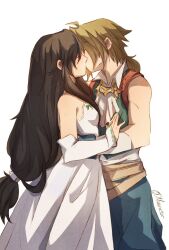 1boy 1girl ahoge ascot bare_shoulders belt blonde_hair blue_pants blue_wrist_cuffs breasts brown_belt brown_hair closed_eyes couple detached_sleeves dress final_fantasy final_fantasy_ix garnet_til_alexandros_xvii green_vest hetero kiss long_dress long_hair low-tied_long_hair low_ponytail medium_breasts mmariesr multiple_belts official_alternate_costume pants parted_bangs ponytail strapless strapless_dress twitter_username vest white_ascot white_dress wrist_cuffs zidane_tribal