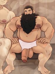 2boys absurdres bara beard blush cummytomato dungeon_meshi dwarf facial_hair full_beard full_body girthy_penis helmet highres laios_touden large_pectorals large_penis long_beard male_focus mature_male multiple_boys muscular muscular_male mustache navel nipples one_eye_closed pectorals penis penis_out sauna senshi_(dungeon_meshi) solo_focus spread_legs steam thick_beard thick_eyebrows thick_mustache thick_thighs thighs uncensored very_long_beard