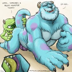 2boys aged_up anilingus bara beard blue_eyes blue_skin claws colored_skin colored_tongue completely_nude cum dudebulge english_text facial_hair fangs fangs_out green_eyes green_skin green_tongue highres james_p._sullivan licking_ass looking_at_another male_focus mature_male mike_wazowski monster_boy monsters_inc. multiple_boys mustache nipple_stimulation nude one-eyed oral patreon_username penis small_horns tail thick_eyebrows thick_mustache two-tone_background yaoi