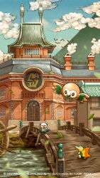 :d absurdres artist_request blue_sky bridge building closed_eyes cloud copyright_name copyright_notice cyndaquil door fangs fire flying gen_2_pokemon gen_4_pokemon gen_5_pokemon gen_7_pokemon highres house in-universe_location leaf nintendo no_humans official_art open_mouth oshawott pokemon pokemon_(creature) pokemon_focus pokemon_legends:_arceus rowlet sky smile smoke starly third-party_source water window wooden_bridge