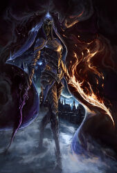 1girl armor artarrwen commentary covered_face cuirass dancer_of_the_boreal_valley dark_souls_(series) dark_souls_iii english_commentary flaming_sword flaming_weapon full_armor gauntlets gold_aura greaves helm helmet highres holding holding_sword holding_weapon jewelry looking_at_viewer pauldrons scimitar shoulder_armor solo sword veil weapon