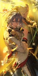 1boy :p absurdres arm_on_own_head arm_up backlighting belt bent_v bishounen black_choker black_pants blue_eyes chain_belt choker closed_mouth cowboy_shot double-parted_bangs dutch_angle ensemble_stars! grey_hair hair_between_eyes hair_over_shoulder half-closed_eyes highres holding holding_microphone jacket lapel_chain lapel_pin light_smile long_sleeves looking_at_viewer looking_to_the_side loose_belt male_focus microphone multicolored_jacket multicolored_pants open_clothes open_jacket pants ponytail shiina_niki shirt solo stage_lights standing teeth tongue tongue_out upper_teeth_only utkw_n v white_jacket white_pants white_shirt yellow_theme