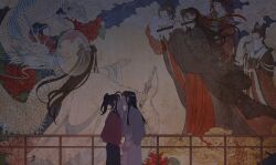 2boys absurdres black_hanfu child chinese_clothes dragon eastern_dragon fengguan flower flute hanfu highres huadian instrument kiss lan_wangji long_hair modao_zushi mouth_veil multiple_boys mural music playing_instrument qixiong_ruqun red_flower sash sword transverse_flute veil weapon wei_wuxian wenwen_(ww4zd) white_hanfu wide_sleeves yaoi zhijupao zhongguo_hua