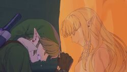 1boy 1girl blonde_hair blunt_bangs brown_gloves closed_eyes closed_mouth covered_eyes crying dress earrings eyelashes fingerless_gloves gloves green_hair green_tunic hat jewelry link long_hair master_sword nintendo open_mouth pointy_ears princess_zelda pu_hegg short_hair sidelocks smile sword tears teeth the_legend_of_zelda the_legend_of_zelda:_skyward_sword tunic upper_body weapon white_dress