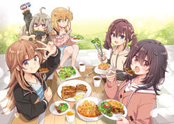 5girls :o ahoge black_hair blonde_hair brown_eyes can cardigan eating energy_drink food food_on_face fork fried_rice fruit furutachi_kurea green_eyes guitar hair_ornament hibi_wa_sugiredo_meshi_umashi higa_tsutsuji holding holding_can holding_fork holding_guitar holding_instrument holding_tongs hood hoodie hoshi_nana instrument katsu_(food) kawai_mako lemon long_hair looking_at_viewer medium_hair multiple_girls multiple_hair_clips official_art ogawa_shinon one_side_up open_mouth outdoors picnic_table pink_eyes purple_eyes quro_(black_river) salad smile table tongs twintails wavy_hair
