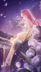 1girl artist_request bare_legs bare_shoulders bouquet carriage closed_eyes detached_sleeves dress expressionless floating_hair flower flower_dress full_body game_cg gold_tiara holding holding_bouquet lace_sleeves light_particles lily_of_the_valley long_hair medium_dress night night_sky nikki_(nikki) nikki_(series) official_art outdoors parade parted_lips petals pink_hair see-through_clothes see-through_sleeves shining_nikki shoes sitting sky solo star_(sky) starry_sky strapless strapless_dress third-party_source very_long_hair white_flower wish_of_the_dreamseeker_(shining_nikki) yellow_dress yellow_shoes yellow_sleeves