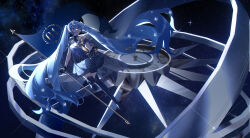 1girl absurdly_long_hair black_boots black_choker black_gloves black_shorts blue_dress blue_hair blue_sleeves boots bracelet capelet choker clock detached_sleeves dress flag floating floating_clothes floating_hair full_body gloves half_gloves hatsune_miku highres holding holding_flag jewelry kirina_zero light_particles long_hair offering_hand outstretched_hand pleated_dress polaris_miku short_dress short_sleeves shorts shorts_under_dress sleeveless sleeveless_dress solo space sparkle star_(sky) starry_sky_print swept_bangs thigh_boots twintails very_long_hair vocaloid white_capelet