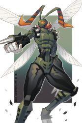 Rule 34 | arm blade, bug, compound eyes, confeito000 333, digimon, digimon (creature), digimon adventure 02, foot out of frame, green background, highres, insect wings, red eyes, red hair, shoulder spikes, simple background, solo, spikes, stingmon, weapon, white background, wings