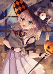 1girl :d animal black_hat blue_eyes blush bow brown_hair cat commentary_request ear_piercing earrings hair_between_eyes halloween hat hat_bow highres holding holding_animal indoors jack-o&#039;-lantern jewelry looking_at_viewer night night_sky open_mouth original piercing pleated_skirt purple_bow rino_cnc shirt skirt sky smile solo striped_bow stud_earrings white_shirt white_skirt window witch_hat