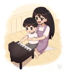 1boy 1girl absurdres aged_down alternate_costume aoiro_arts artist_name barefoot black_eyes black_hair blush bright_pupils brother_and_sister child commission grey_shorts highres instrument long_hair mari_(faraway)_(omori) mari_(omori) omori open_mouth overalls piano purple_overalls seiza shirt short_hair shorts siblings sitting smile socks sunny_(omori) t-shirt teeth toy_piano upper_teeth_only white_pupils white_shirt white_socks