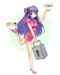 1girl bell bow bowl china_dress chinese_clothes double_bun dress food hair_bell hair_bow hair_bun hair_ornament highres holding holding_bowl kiryhood microdress noodles okamochi_(container) parted_lips pink_dress pink_shoes purple_hair ramen ranma_1/2 red_eyes shampoo_(ranma_1/2) shoes side_slit sidelocks standing standing_on_one_leg yellow_bow