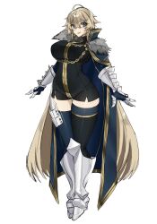 Rule 34 | 13addendum, 1girl, ahoge, armor, armored boots, blonde hair, blue eyes, boots, breasts, cape, chain, fate/extra, fate (series), fur trim, gauntlets, gawain (fate), genderswap, gold chain, highres, large breasts, looking at viewer, short hair, simple background, smile, solo, thighhighs, wada arco (style), white background, zettai ryouiki
