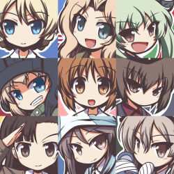 1girl 6+girls :d american_flag american_flag_background anchovy_(girls_und_panzer) anzio_military_uniform asymmetrical_bangs bandaged_arm bandaged_head bandages black_background black_jacket black_ribbon black_shirt blonde_hair blue_background blue_eyes blue_hat blue_sweater blush boko_(girls_und_panzer) braid brown_eyes brown_hair brown_jacket buttons chi-hatan_military_uniform chibi clenched_teeth closed_eyes closed_mouth collage collarbone covered_mouth cross darjeeling_(girls_und_panzer) deformed dress_shirt drill_hair eyes_visible_through_hair fang fictional_sister flag_background garrison_cap girls_und_panzer green_background green_hair green_jumpsuit green_skirt grey_jacket hair_between_eyes hair_intakes hair_ornament hair_ribbon hat helmet holding holding_stuffed_toy iron_cross jacket jodhpurs jumpsuit katyusha_(girls_und_panzer) kay_(girls_und_panzer) keizoku_school_uniform kuromorimine_military_uniform long_hair long_sleeves looking_at_viewer mika_(girls_und_panzer) military military_hat military_uniform multiple_girls nape_braid neckerchief necktie nishi_kinuyo nishizumi_maho nishizumi_miho no_nose one_side_up ooarai_school_uniform open_clothes open_jacket open_mouth pants pink_background pravda_military_uniform red_background red_eyes red_shirt ribbon sailor_collar salute saunders_military_uniform school_uniform selection_university_military_uniform serafuku shimada_arisu shirt short_hair simple_background skirt smile solo st._gloriana&#039;s_school_uniform striped_clothes striped_shirt stuffed_animal stuffed_toy sweater tank_helmet teddy_bear teeth tulip_hat twin_braids twin_drills twintails updo upper_body v-neck vertical-striped_clothes vertical-striped_shirt vertical-striped_sweater very_long_hair white_sailor_collar white_shirt yellow_background