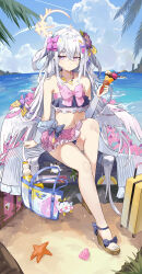 Rule 34 | 1girl, absurdres, ahoge, angel wings, azusa (blue archive), azusa (swimsuit) (blue archive), bare shoulders, bikini, bikini skirt, blue archive, blue bow, blue sky, bow, bow bikini, bow on wing, breasts, closed mouth, cloud, collarbone, crossed bangs, day, detached sleeves, dot mouth, feathered wings, flower, food, food-themed hair ornament, food-themed necklace, food print, frilled bikini, frilled sleeves, frills, from above, fruit print, full body, hair between eyes, hair bow, hair flower, hair ornament, hairclip, halo, hands on own thighs, highres, holding, holding food, holding ice cream, holding ice cream cone, horizon, ice cream, ice cream cone, jewelry, jsscj, lime hair ornament, looking at viewer, looking up, low wings, multicolored bikini, multiple scoops, navel, necklace, official alternate costume, orange-shaped necklace, orange hair ornament, orange print, pink bikini, pink bow, pink ribbon, polka dot, polka dot bow, purple bikini, purple bow, purple eyes, purple flower, ribbon, seashell, shell, sky, small breasts, solo, starfish, stomach, striped bikini, striped clothes, swimsuit, two-tone bikini, two side up, vertical-striped bikini, vertical-striped clothes, watermelon hair ornament, white wings, wings, yellow bow
