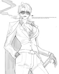 1girl belt breasts buttons cape chanil_(muexlku) cigar cleavage cowboy_shot genderswap genderswap_(mtf) highres jacket korean_text large_breasts limbus_company long_sleeves meursault_(project_moon) open_mouth pants project_moon request_inset smoking solo spinspin sunglasses sword thumb_(identity)_(project_moon) translation_request weapon