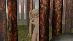 1girl 3d alice blonde_hair blue_eyes female_focus forest nature nude outdoors plant solo