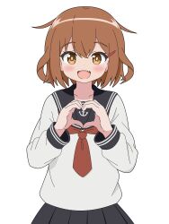 1girl absurdres black_sailor_collar black_skirt brown_hair fang folded_ponytail heart heart_hands highres ikazuchi_(kancolle) kantai_collection long_sleeves neckerchief open_mouth pleated_skirt red_neckerchief sailor_collar school_uniform serafuku short_hair simple_background skirt smile solo sugapi upper_body white_background