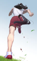1girl animal_ears artist_name black_hair commentary_request ear_covers from_behind grass gym_uniform highres horse_ears horse_girl horse_tail katsuragi_ace_(umamusume) long_hair mukakin outdoors ponytail red_shorts running shorts sleeves_rolled_up solo tail umamusume