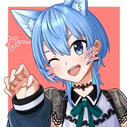 1girl animal_ears blue_eyes blue_hair cat_ears cat_girl commentary earrings english_commentary fang head_tilt highres hololive hoshimachi_suisei jewelry kemonomimi_mode one_eye_closed open_mouth paw_pose portrait short_hair sleeves_past_wrists smile solo star_(symbol) star_in_eye symbol_in_eye virtual_youtuber wibubox