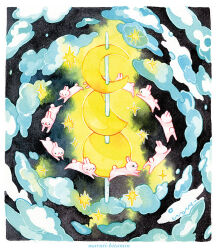 Rule 34 | :&lt;, artist name, black background, black eyes, black sky, blue clouds, border, closed mouth, cloud, cloudy sky, commentary, crescent moon, dango, english commentary, food, full moon, glowing, half moon, limited palette, maruti bitamin, moon, moon phases, night, no humans, original, painting (medium), rabbit, signature, skewer, sky, solid circle eyes, star (symbol), traditional media, triadic colors, wagashi, watercolor (medium), white border, white fur, white rabbit (animal), yellow light