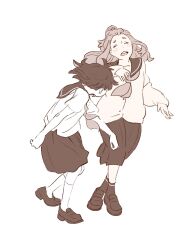 2girls 55bata6rou bangs_pinned_back cardigan closed_eyes crossed_ankles full_body hibike!_euphonium highres hisaishi_kanade kenzaki_ririka kitauji_high_school_uniform laughing loafers long_hair long_sleeves monochrome multiple_girls open_mouth pleated_skirt sailor_collar school_uniform serafuku shoes short_hair simple_background skirt smile socks standing white_background