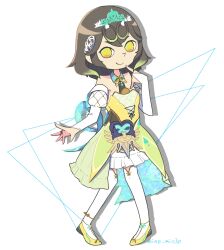 Rule 34 | 1girl, bare shoulders, bemani, bridal gauntlets, brown hair, colored tips, detached collar, dress, final fantasy, final fantasy xiv, green dress, green hair, looking at viewer, medium hair, mine mio, multicolored dress, multicolored hair, parody, pop&#039;n music, shoes, simple background, smile, solo, sphene (ff14), style parody, tiara, twitter username, white background, yellow dress, yellow eyes, yellow shoes