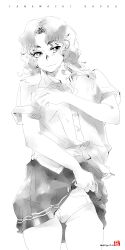 1girl amagami character_name closed_mouth clothes_lift collared_shirt commentary_request cowboy_shot curly_hair greyscale groin highres kibito_high_school_uniform lifting_own_clothes medium_hair messy_hair mike156 miniskirt monochrome panties parted_bangs pleated_skirt school_uniform shirt short_sleeves simple_background skirt skirt_lift solo summer_uniform tanamachi_kaoru underwear wavy_hair white_background