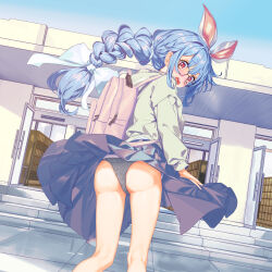 1girl animal_ears ass backpack bag black_panties blue_hair blue_skirt blush braid commentary_request from_behind glasses grey_shirt hanashima_m highres hololive kneepits long_hair looking_back open_mouth outdoors panties ponytail rabbit_ears rabbit_girl red_eyes ribbon shirt skirt solo thighs underwear usada_pekora virtual_youtuber wind wind_lift