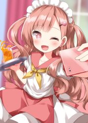 1girl ;d apron blunt_bangs blurry blurry_background blush bright_pupils cellphone collarbone commentary cowboy_shot cup drinking_glass drinking_straw fang hair_ornament hairclip highres holding holding_phone holding_tray juice kitanai_kimi_ga_ichiban_kawaii long_hair looking_at_viewer miyazono_ichika neckerchief one_eye_closed open_mouth orange_juice parted_bangs phone pink_eyes pink_hair red_apron red_sailor_collar ruu_(tksymkw) sailor_collar school_uniform serafuku shirt short_sleeves skirt smartphone smile solo tray two_side_up waist_apron white_shirt white_skirt yellow_neckerchief