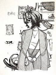 1girl absurdres agnes_tachyon_(umamusume) ahoge animal_ears bag closed_mouth coat coat_on_shoulders condenser_unit eyewear_on_head graffiti greyscale hair_between_eyes highres horse_ears horse_girl horse_tail huge_ahoge jewelry light_smile monochrome necklace poster_(object) shirt short_hair shoulder_bag simple_background skirt smile solo sunglasses tail tg880403 turtleneck turtleneck_shirt umamusume white_background