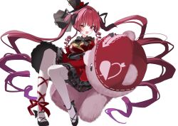 1girl absurdly_long_hair bare_shoulders black_hat dress drill_hair full_body hat heterochromia highres hololive houshou_marine houshou_marine_(gothic_lolita) long_hair official_alternate_costume red_dress red_eyes red_hair simple_background sitting sleeveless sleeveless_dress solo stuffed_animal stuffed_toy teddy_bear top_hat twin_drills twintails very_long_hair virtual_youtuber white_background yellow_eyes yoshioka_pochi