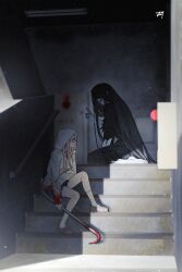 Rule 34 | 1boy, 1girl, absurdres, bbabbamis2, black hair, black kimono, blood, blood on clothes, blood on face, bloody weapon, commentary request, crowbar, heroine (homicipher), highres, holding, holding crowbar, homicipher, hood, hood up, japanese clothes, kimono, korean commentary, long hair, mr. crawling, pink hair, raincoat, sitting, sitting on stairs, skirt, stairs, stairwell, very long hair, weapon