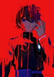 1boy absurdres blood blood_on_face blue_eyes frown gakuran hareruya_(smomo2227) highres last_defense_academy_school_uniform male_focus multicolored_hair red_background red_hair red_theme school_uniform short_hair solo streaked_hair sumino_takumi the_hundred_line_-last_defense_academy- twitter_username upper_body