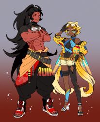 Rule 34 | 1boy, 1girl, arm up, black gloves, black hair, black leotard, black pants, black thighhighs, blonde hair, burning spice cookie, ckrn latte, closed mouth, colored skin, cookie run, cookie run: kingdom, crossed arms, energy wings, full body, gloves, goggles, goggles around neck, golden cheese cookie, grin, high heels, highres, humanization, jacket, leotard, long hair, pants, pointy ears, ponytail, red eyes, red shoes, red skin, sharp teeth, shoes, short hair, shorts, single thighhigh, smile, streetwear, teeth, thighhighs, toeless footwear, very long hair, yellow eyes, yellow jacket, yellow shorts