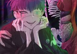 1boy anatomical_model black_hair blue_eyes blue_hair bridge_piercing eyepatch face_piercing fingerless_gloves gloves highres lip_piercing looking_at_viewer male_focus matching_hair/eyes omokage_yugamu one_eye_covered open_mouth piercing solo teeth the_hundred_line_-last_defense_academy-