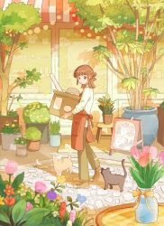 1girl animal apron awning bow box brown_eyes brown_hair brown_shoes cardboard_box carrying cat converse daisy_(flower) florist flower flower_pot from_side green_pants half_updo hanging_plant highres hyacinth onoyama_(machikz1) original pants pink_flower plant potted_plant red_apron rose shoes solo table tree tulip vase walking yellow_bow
