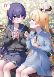 ! !! 3girls :d ^^^ animal_ear_hairband animal_ears aoi_(yume_miru_maid_no_tea_time) artist_name belt belt_buckle bench black-framed_eyewear black_cardigan black_sleeves blonde_hair blue_belt blue_dress blue_jacket blue_ribbon blue_sailor_collar blue_skirt blurry blurry_background blush bottle braid breasts buckle buttons can cardigan cat_ear_hairband cat_ears clenched_hand collarbone collared_shirt commentary_request commission dappled_sunlight double-parted_bangs dress dress_shirt drink_can fake_animal_ears feet_out_of_frame fingernails glasses hair_between_eyes hairband hands_up head_on_table head_rest heart highres holding holding_bottle holding_can jacket legs_together long_hair long_sleeves looking_at_another m_ydayo maid_headdress milk_tea miniskirt mole mole_under_eye multiple_girls neck_ribbon on_bench open_clothes open_jacket open_mouth parted_bangs pinafore_dress pleated_skirt ponytail profile purple_eyes purple_hair ribbon sailor_collar shirt short_dress short_hair side_braid sidelocks single_braid sitting skeb_commission skirt sleeping sleeping_on_desk sleeveless sleeveless_dress small_breasts smile sparkle sparkling_eyes speech_bubble spoken_exclamation_mark sunlight surprised suzuya_ranko teeth twintails upper_teeth_only very_long_hair wavy_mouth white_shirt wing_collar wooden_bench yellow_eyes yukinoshita_fuyuka yume_miru_maid_no_tea_time zzz