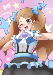 Rule 34 | 1girl, ;d, absurdres, black skirt, blue bow, blue bowtie, blue eyes, bow, bowtie, brown hair, buttons, commentary request, eyelashes, frills, gloves, hair bow, hair ornament, hairclip, hands up, heart, heart hands, highres, long hair, looking down, nintendo, one eye closed, open mouth, oronamin poke, parted bangs, pokemon, pokemon (anime), pokemon xy (anime), purple background, serena (pokemon), shirt, skirt, smile, solo, star (symbol), tongue, twintails, white gloves, white shirt