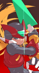 1boy armor black_eyes blonde_hair body_armor bodystocking codpiece energy_sword fighting_stance forehead_jewel gauntlets glint gloves helmet holding holding_weapon long_hair looking_at_viewer mega_man_(series) mega_man_zero_(series) ponytail simple_background sword vani_(hisha_04) weapon zero(z)_(mega_man) zero_(mega_man)