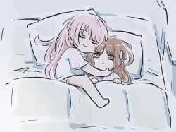 2girls bang_dream! bang_dream!_it&#039;s_mygo!!!!! blue_eyes brown_hair chihaya_anon closed_eyes closed_mouth commentary_request hug long_hair lyy multiple_girls nagasaki_soyo pajamas pillow shirt sidelocks under_covers white_shirt yuri
