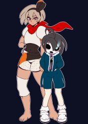 Rule 34 | 1boy, 1girl, absurdres, ahoge, allister (pokemon), armor, barefoot, bea (pokemon), black bodysuit, black hair, black hairband, blue jacket, blue pants, bodysuit, bodysuit under clothes, bow hairband, breastplate, closed mouth, commentary, cosplay, elakan, english commentary, expressionless, full body, glowing, glowing eye, grey eyes, grey hair, hair between eyes, hairband, highres, jacket, long sleeves, looking at viewer, mask, masked, nintendo, pants, papyrus (undertale), papyrus (undertale) (cosplay), pokemon, pokemon swsh, sans (undertale), sans (undertale) (cosplay), short hair, shorts, standing, white shorts