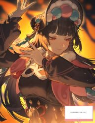 Rule 34 | 1girl, absurdres, black corset, black dress, black hair, black hat, chinese clothes, closed mouth, commentary request, corset, dress, fingernails, fur trim, genshin impact, half-closed eyes, hands up, hat, highres, hime cut, long hair, long sleeves, looking to the side, matuka10101, open clothes, orange background, pink shrug, pom pom (clothes), puffy long sleeves, puffy sleeves, red eyes, red ribbon, ribbon, shrug (clothing), simple background, solo, tassel, upper body, yun jin (genshin impact)
