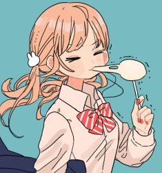 Rule 34 | 1girl, aqua background, blonde hair, blush, bow, bowtie, closed eyes, closed mouth, collared shirt, commentary request, eating, food request, hair ornament, highres, holding, long hair, long sleeves, maple (abc2215), original, rabbit hair ornament, red bow, red bowtie, red nails, shirt, simple background, solo, twintails, upper body, white shirt