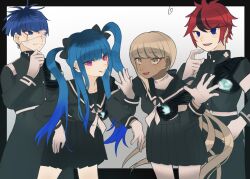 2boys 2girls amemiya_darumi black_border black_bow black_hair blonde_hair blue_eyes blue_hair border bow brown_eyes dark-skinned_female dark_skin ear_piercing earrings eyepatch gloves gradient_background hair_bow highres jewelry kawana_tsubasa last_defense_academy_school_uniform long_hair looking_at_viewer messy_hair multicolored_hair multiple_boys multiple_girls omokage_yugamu one_eye_covered open_mouth piercing pink_eyes pleated_skirt red_hair simple_background skirt sumino_takumi the_hundred_line_-last_defense_academy- twintails white_background white_gloves