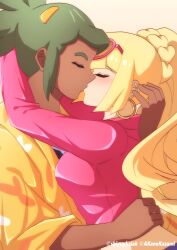 Rule 34 | 1boy, 1girl, aged up, akane kazami, artist name, black shirt, breast press, closed eyes, commission, couple, dark skin, denim, earrings, green hair, hair ornament, hau (pokemon), hetero, highres, hood, hoodie, hug, jeans, jewelry, kiss, lillie (pokemon), long hair, medium hair, nintendo, pants, pink hoodie, pokemon, pokemon sm, ponytail, robe, shirt, skeb commission, sunglasses, twitter username, upper body, very long hair, white background, yellow robe