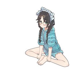1girl :3 aa211108 bare_legs barefoot black_hair blue_eyes blue_hoodie blue_shorts blush bow braid hair_bow hair_ornament hairclip highres hood hoodie idolmaster idolmaster_shiny_colors knees_apart_feet_together mitsumine_yuika multiple_hair_bows pajamas shorts sitting solo twin_braids white_background yellow-framed_eyewear